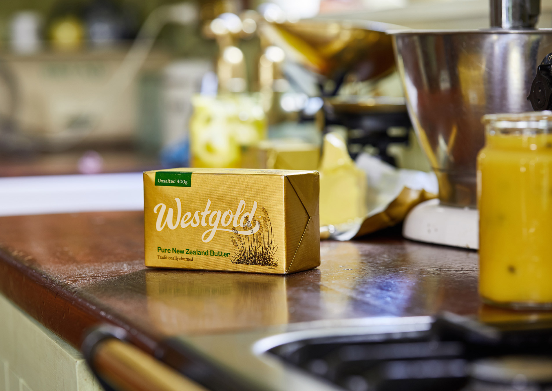 Westgold unsalted butter on bench 1906x1350
